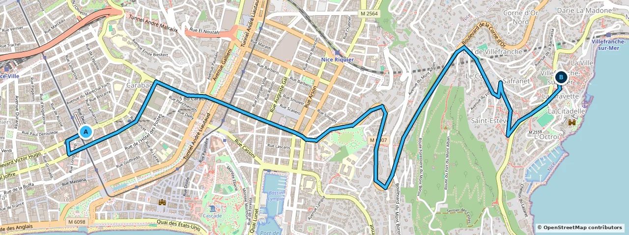 Map of the route from Nice to Villefranche-sur-Mer