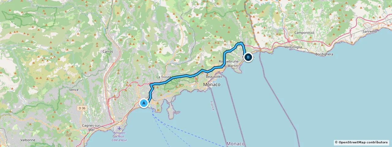 Map of the route from Nice to Menton