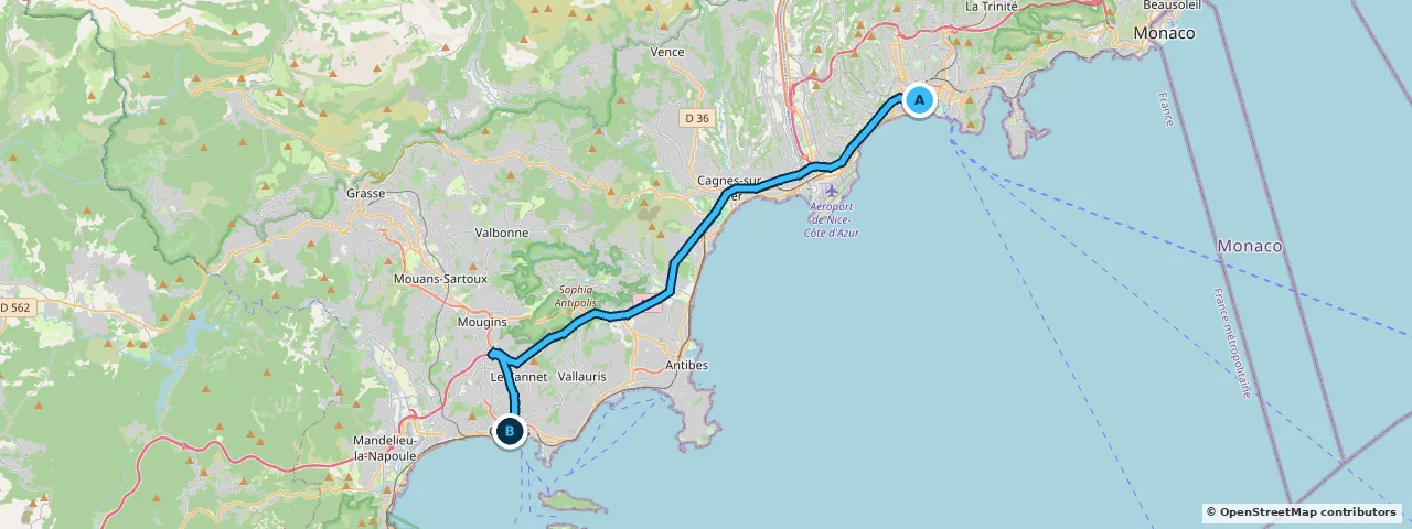 Map of the route from Nice to Cannes