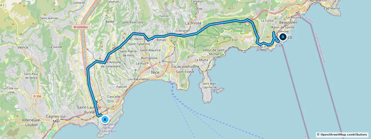 Map of the route from Nice Côte d'Azur Airport to Monaco