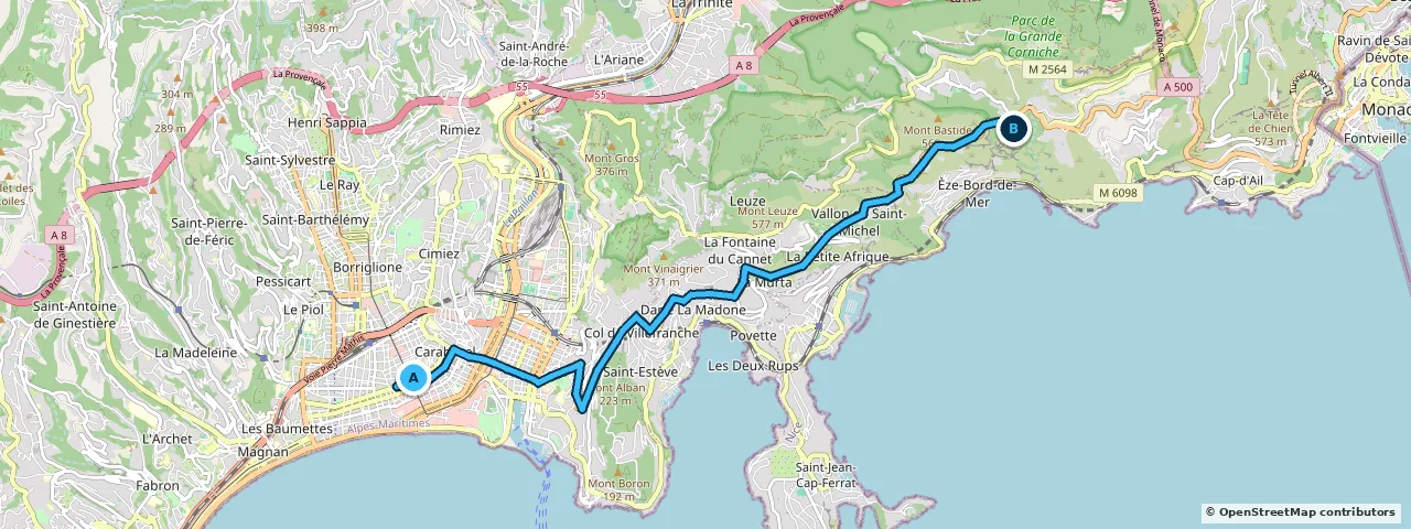 Map of the route from Nice to Èze