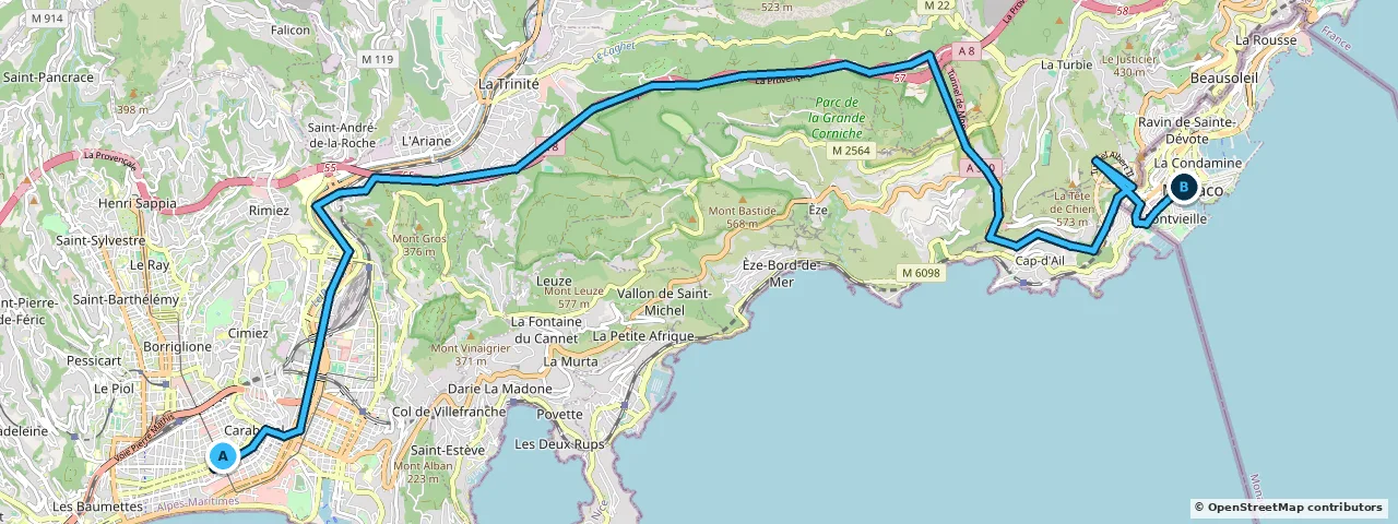 Map of the route from Nice to Monaco
