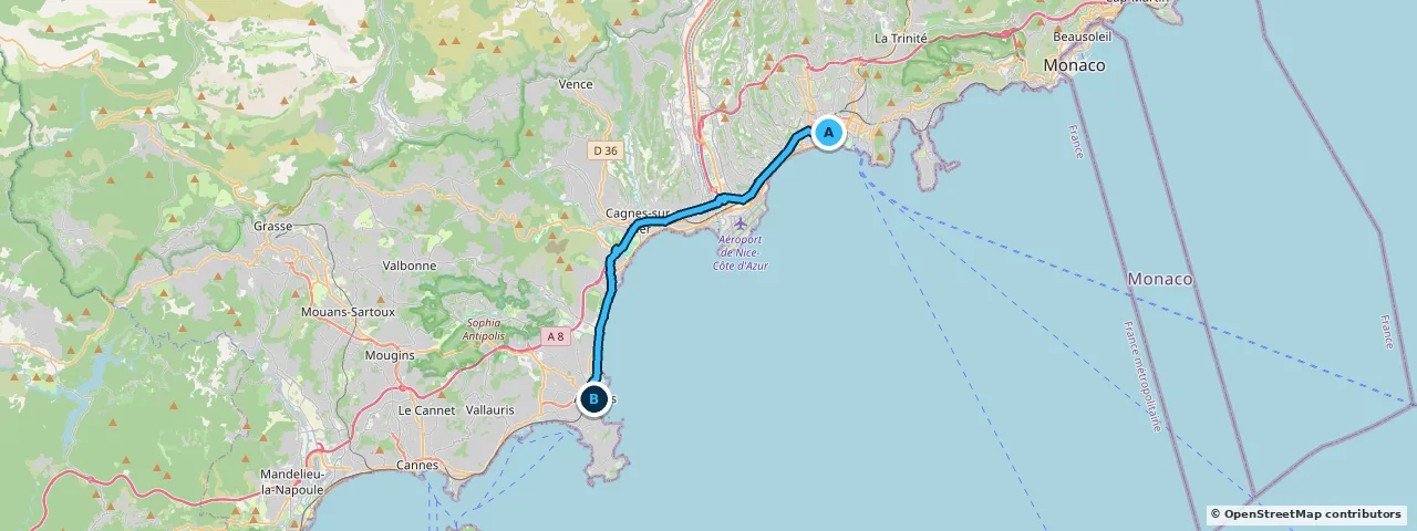 Map of the route from Nice to Antibes